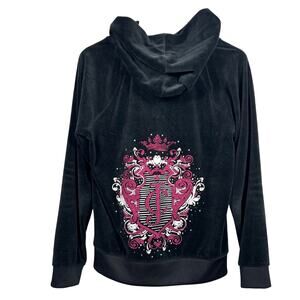 Vintage Y2K Juicy Couture Black Velour Zip Up Hoodie Large 18x26